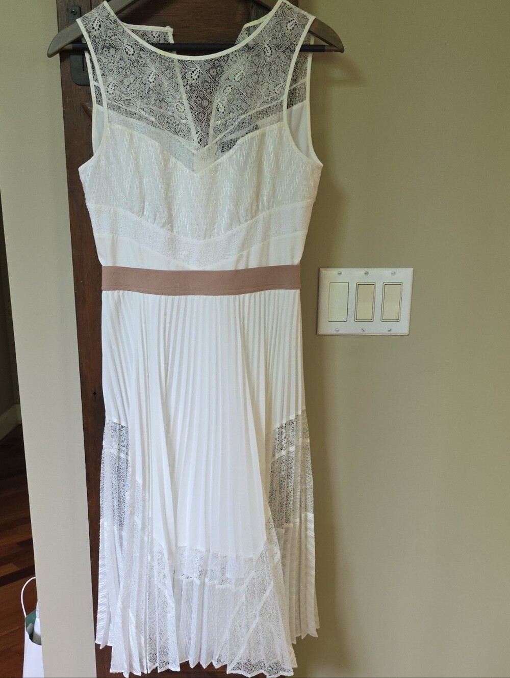 BCBGMaxAzria Off White Lace Pleated Midi Charlotte Dress with Tan Waistband